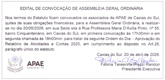 Edital de convocacao de assembleia geral ordinária da APAE Caxias do Sul